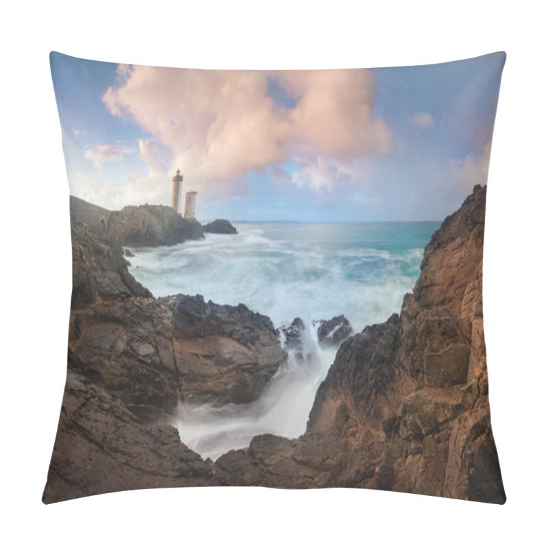 Personality  Petit Minou Lighthouse At Sunset With Red Light , Brest , France View Of Lighthouse Of Petit Minou In Brittany. Summer Season In France Coastline. Most Popular Lighthouse In Europe. Pillow Covers