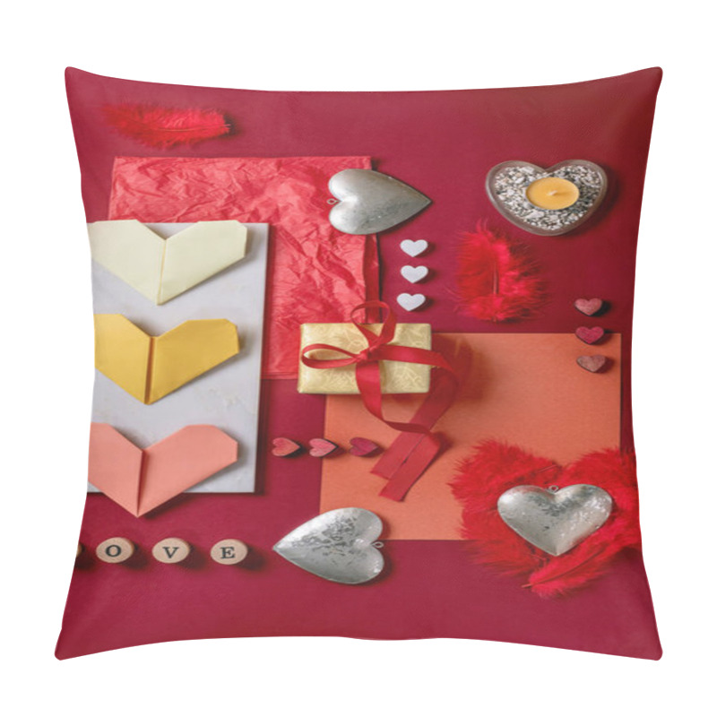 Personality  Valentine's Day Flat Lay, Love Concept, Dark Red Background, Origami Paper Hearts, Stone And Wooden Hearts, Yellow Candles, Gift Box With Ribbon, Love Sign, Red Paper, Geometric Shapes. Pillow Covers