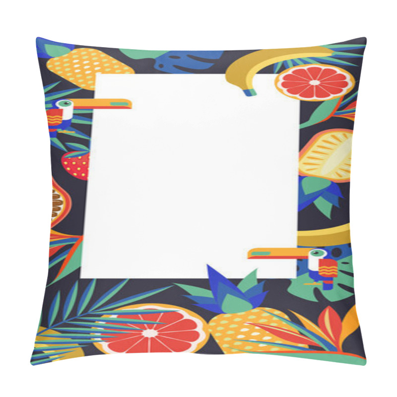 Personality  Vector Tropical Frame With Place For Text. Vivid Illustration With Tropical Fruits, Birds Toucan, Palm Leaves. Pillow Covers