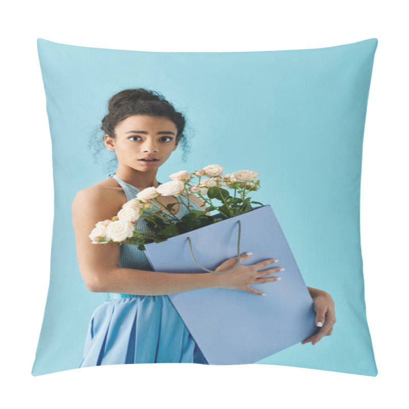 Personality  A Young Woman In A Blue Dress Holds A Bouquet Of Flowers, Looking Surprised. Pillow Covers