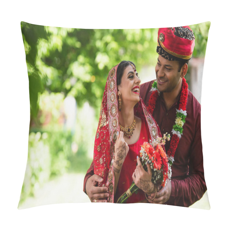 Personality  Happy Indian Married Couple In Traditional Wedding Clothes Looking At Each Other Outside Pillow Covers