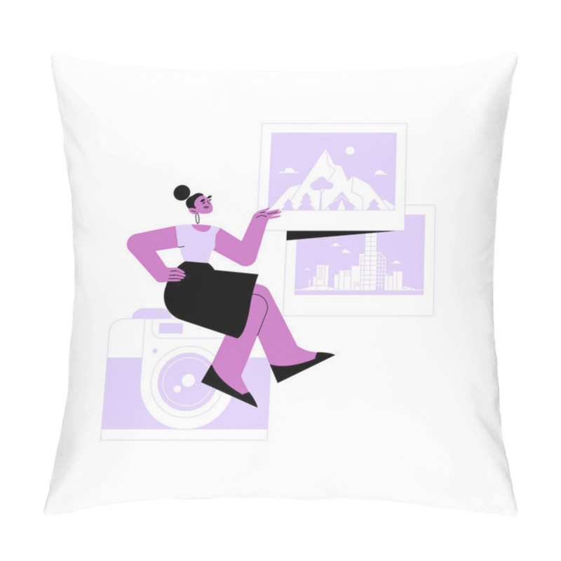 Personality  A Woman Sitting With Photographs And A Large Camera, Symbolizing Photography, Creativity, And Visual Storytelling In A Professional And Artistic Setting. Pillow Covers