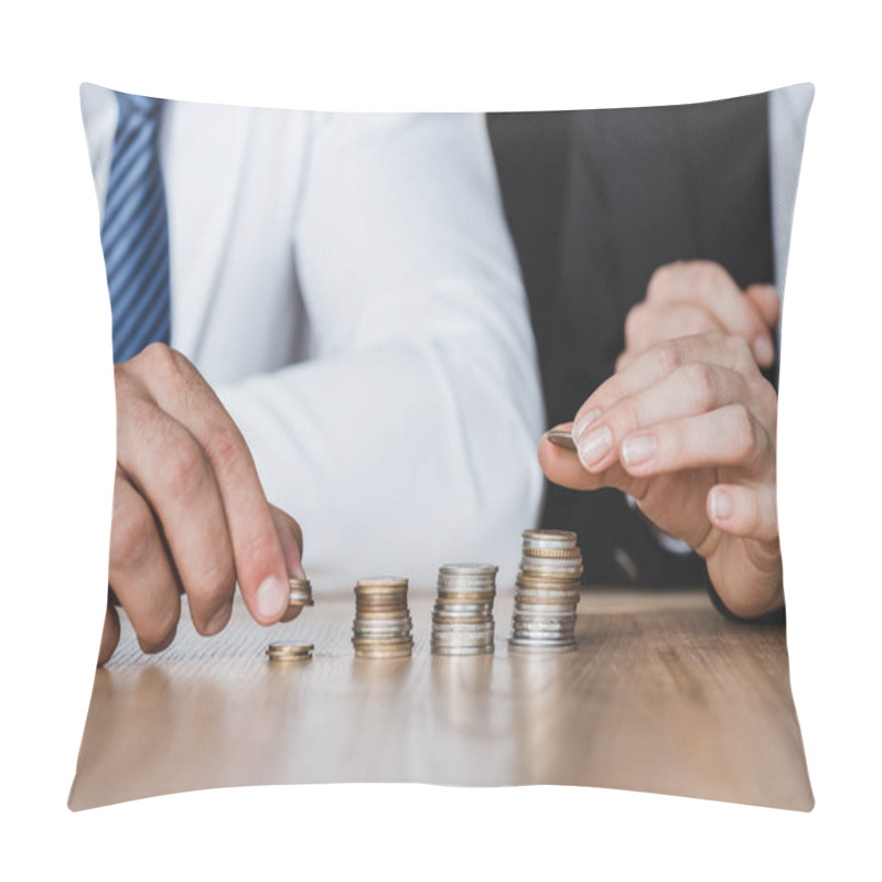 Personality  Cropped Image Of Financiers Stacking Coins On Table In Office Pillow Covers