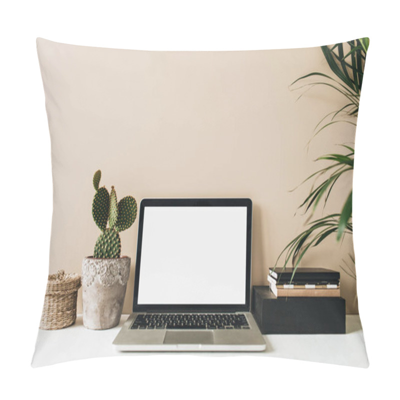 Personality  Minimalist Home Office Desk Workspace With Laptop, Cactus, Palm On Beige Background. Front View Copy Space Blank Mock Up. Freelancer Business Template. Pillow Covers