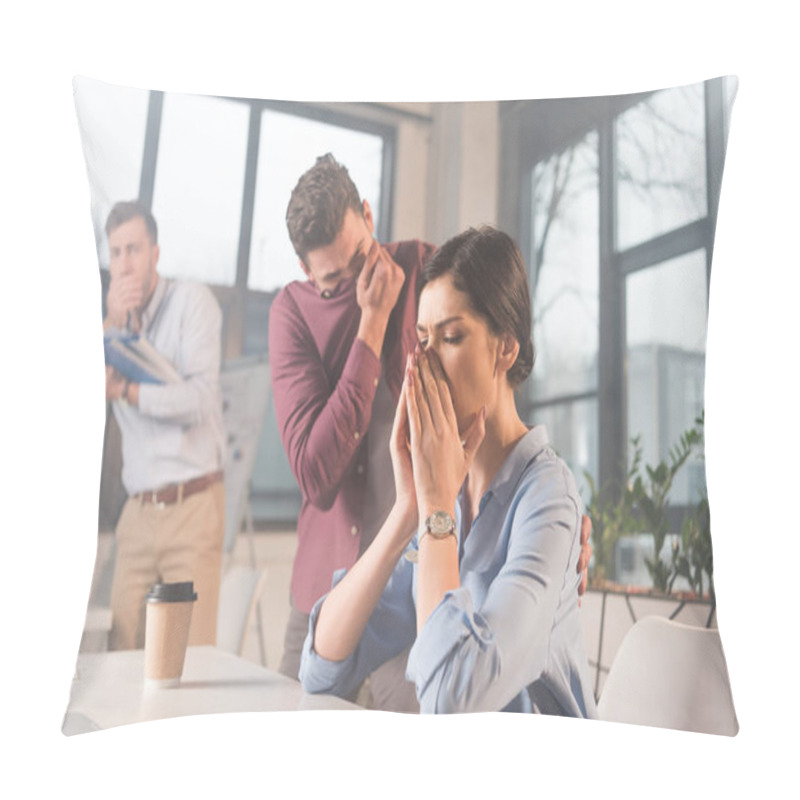 Personality  Businesswoman Holding Nose Near Scared Colleagues In Office With Smoke Pillow Covers