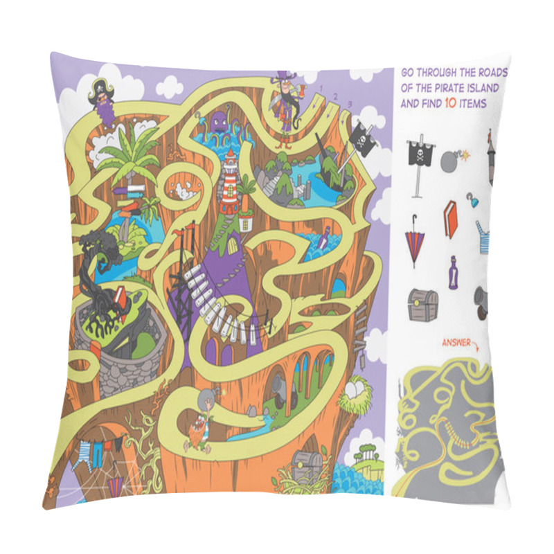 Personality  Pirate Island. You Need To Go Through Tangled Roads, Find The Exit And 10 Hidden Objects In The Picture. Vector Illustration For Children. Funny Cartoon Characters. Pillow Covers