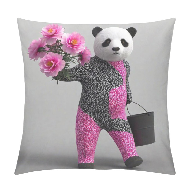 Personality  A Captivating 3D Conceptual Art Piece Showcasing A Black-white Bear And Holding Peony Bucket. The Panda Is Adorned With Nude-red And Grey Patterns, Adding A Vibrant Pop Of Color. The Scene Exudes A Sense Of Fashion And Modernity, With A Touch Of Pillow Covers