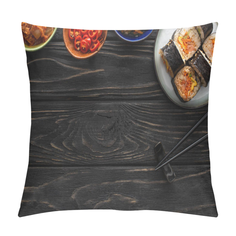 Personality  Top View Of Plate With Korean Gimbap And Tasty Side Dishes Near Chopsticks On Wooden Surface  Pillow Covers