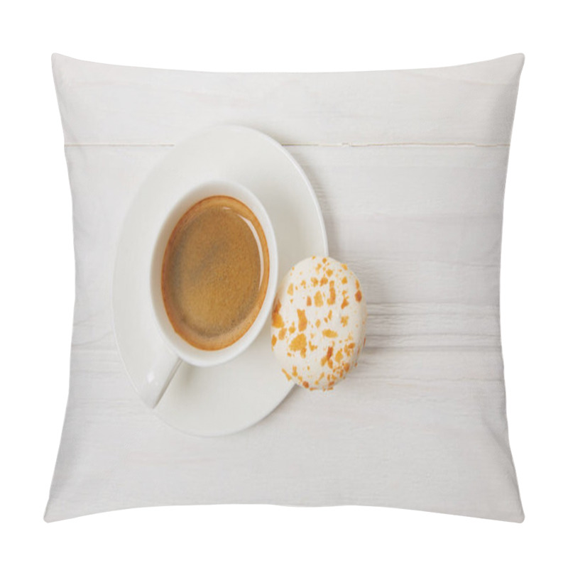 Personality  Top View Of Macaroon And Coffee Cup On White Wooden Table  Pillow Covers