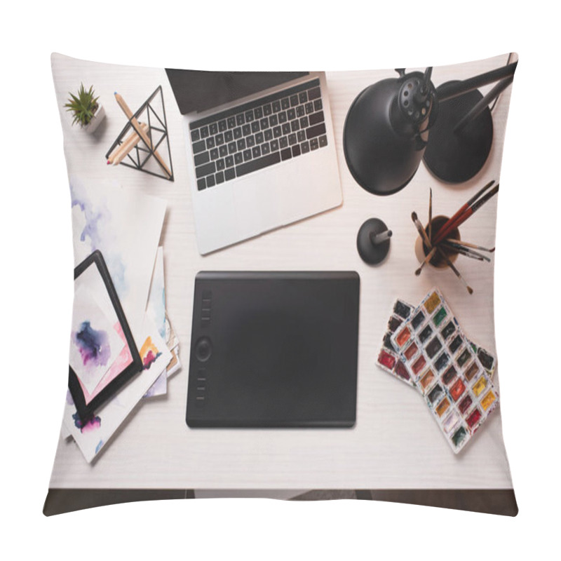 Personality  Office Desk With Laptop, Graphics Tablet, Pen And Art Supplies, Flat Lay Pillow Covers