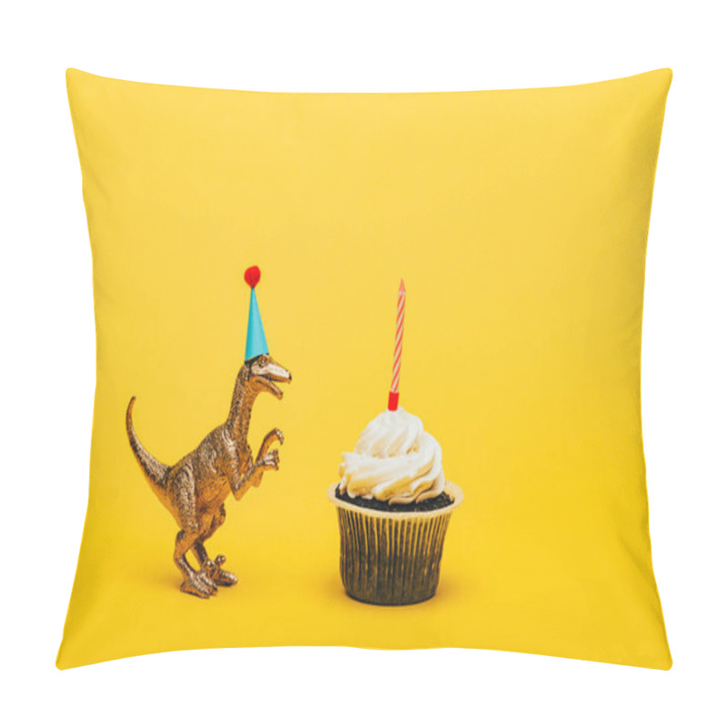 Personality  Toy Dinosaur In Party Cap And Cupcake With Candle On Yellow Background Pillow Covers