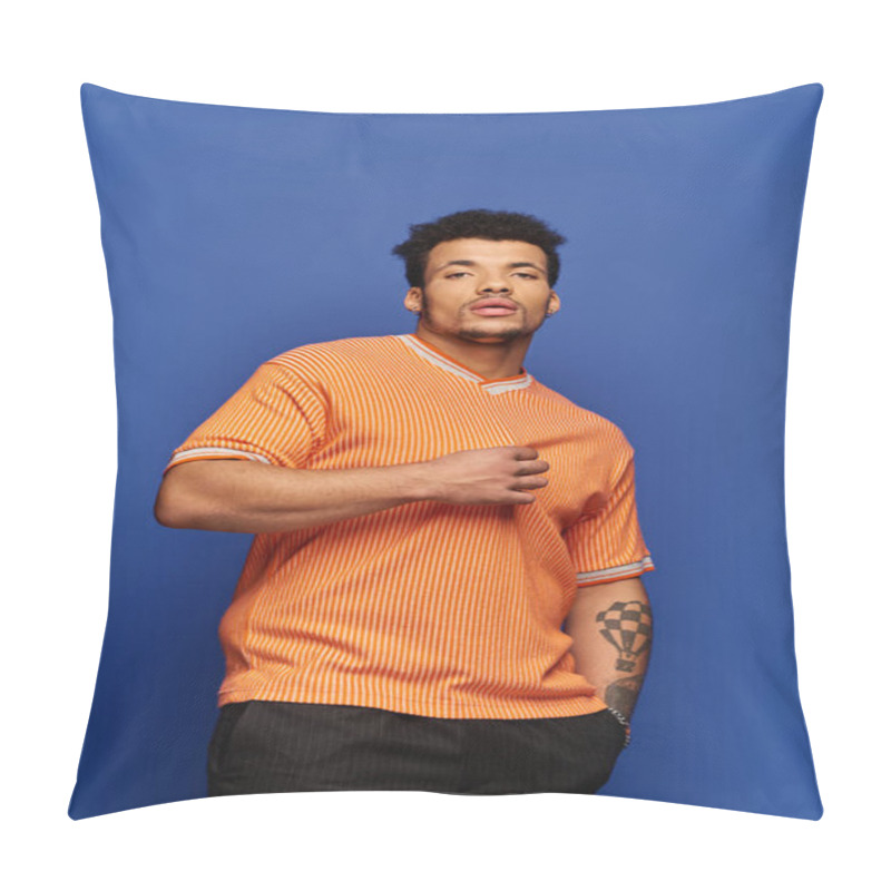 Personality  A Handsome Man Stands Confidently In An Orange Striped Shirt, Exuding Charm And Style. Pillow Covers