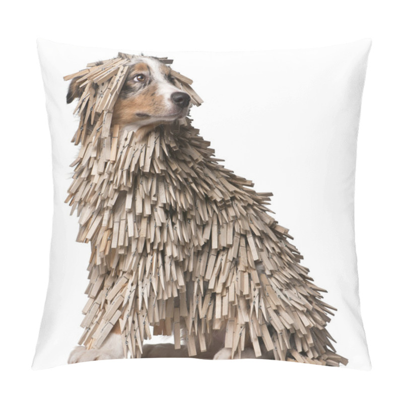 Personality  Australian Shepherd Puppy Covered With Clothespins, 5 Months Old, Sitting In Front Of White Background Pillow Covers