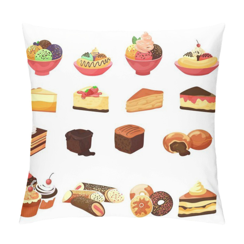 Personality  Dessert Food, Sweet Cake Set, Vector Illustration, Chocolate Pastry From Bakery, Isolated On White Delicious Cupcake With Tasty Cream. Pillow Covers