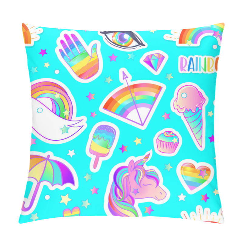 Personality  Colorful Seamless Rainbow Pattern: Candies, Sweets, Ice Cream, Unicorn,umbrella, Hand. Vector Illustration. Stickers, Pins, Patches. Halloween Pastel Colors. Cute Gothic Style Pillow Covers