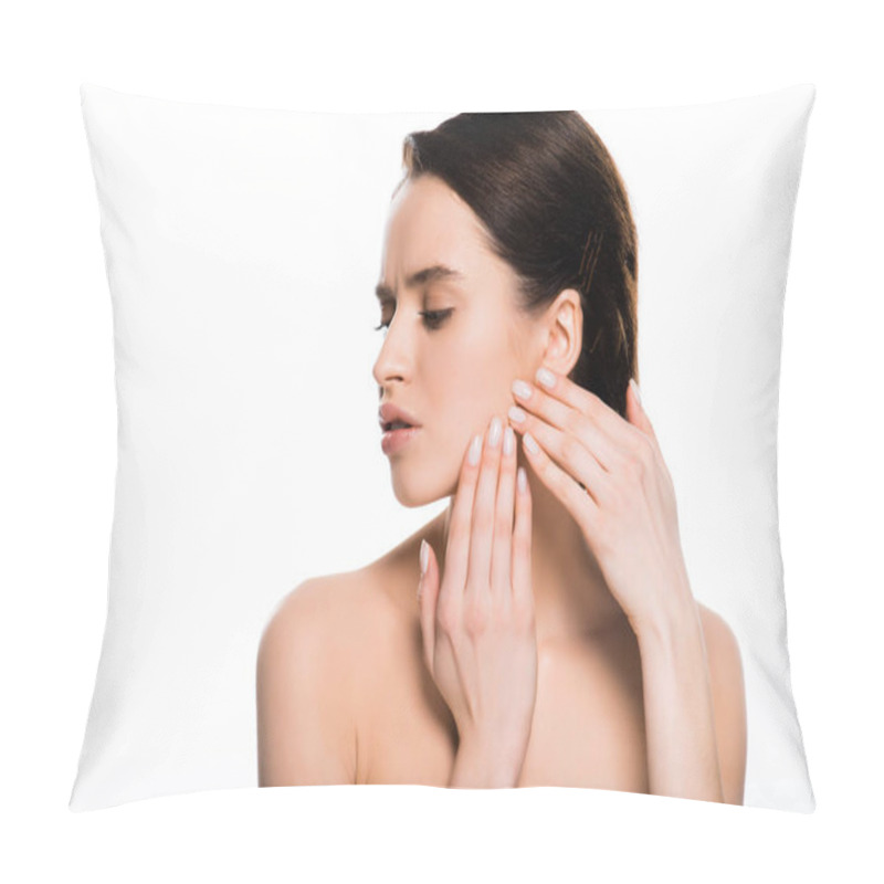 Personality  Sad Brunette Woman Touching Cheek Isolated On White  Pillow Covers