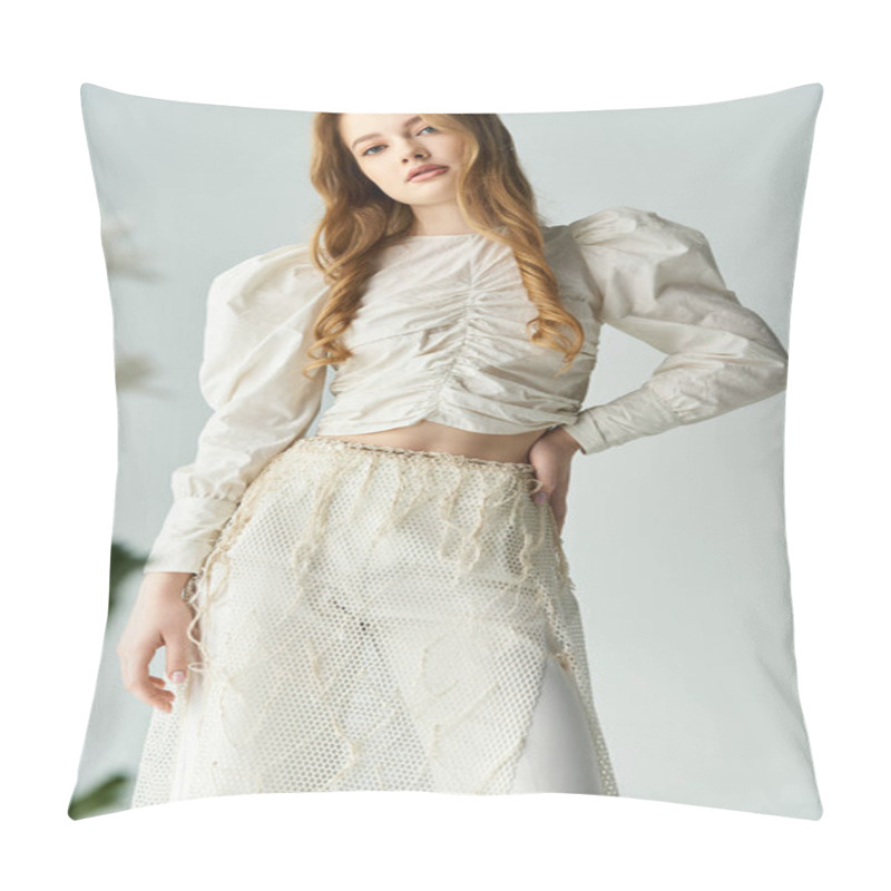 Personality  Appealing Young Woman Poses Gracefully Among Blooming Flowers. Pillow Covers