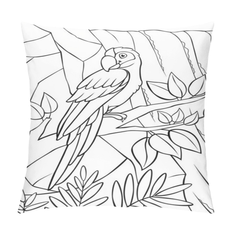 Personality  Coloring Page. Cute Parrot Green Macaw Sits On The Tree Branch And Smiles. There Is Waterfall In The Background. Pillow Covers