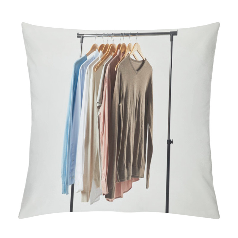 Personality  Straight Rack, Wooden Hangers And Male Clothes Isolated On Grey Pillow Covers