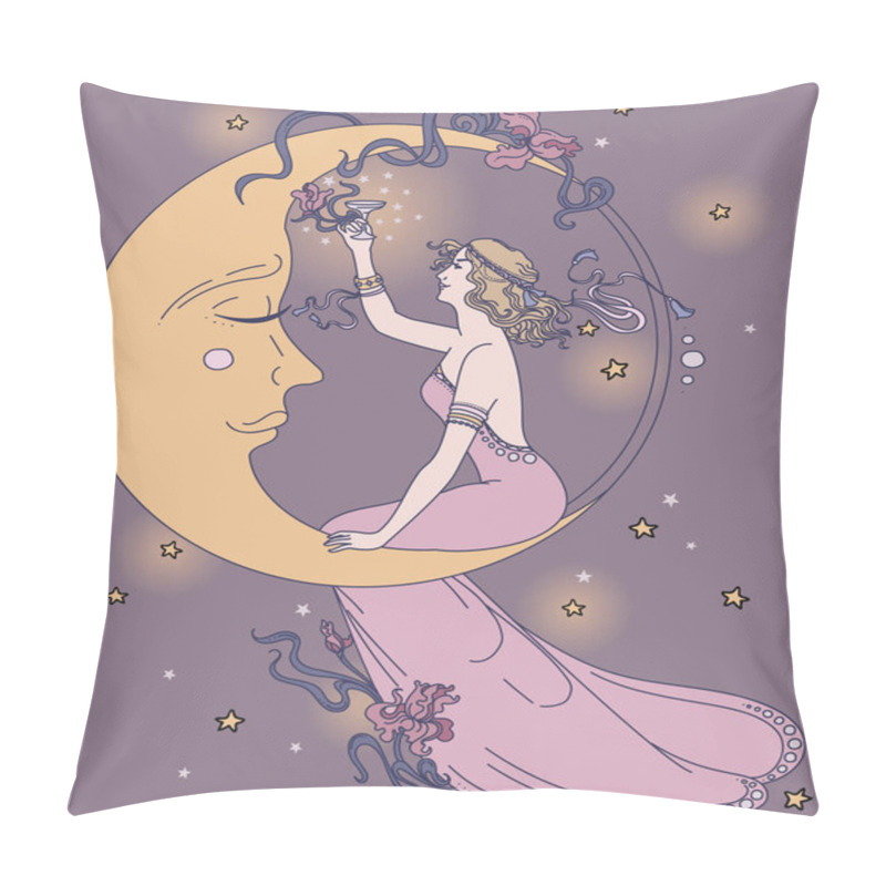 Personality  Beautiful Poster In Art Nouveau Style With Party Woman And Moon In Starry Sky Pillow Covers