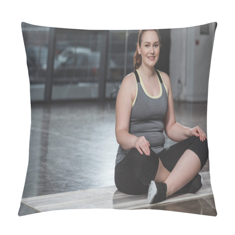 Personality  Obese Smiling Girl During Meditation In Gym Pillow Covers