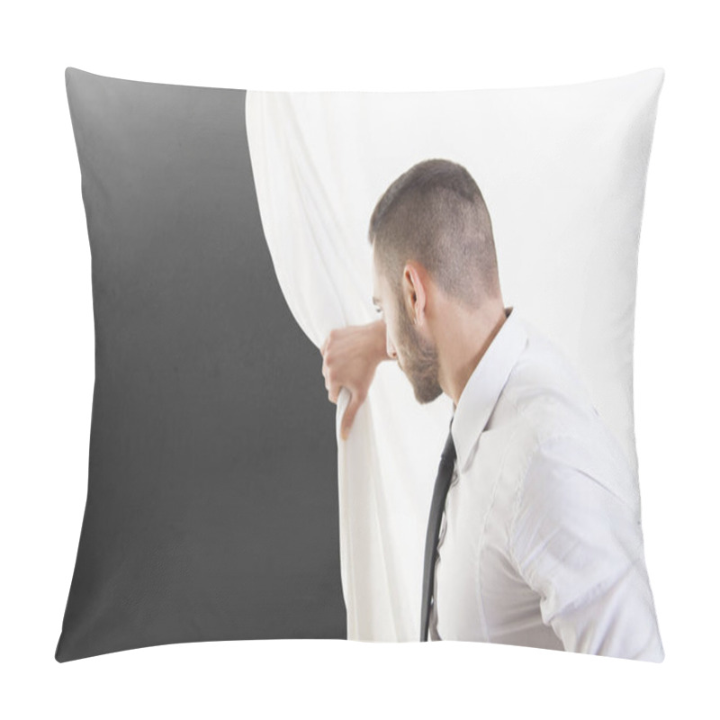 Personality  Businessman Pulls The Curtain And Discovers A Gray Wall Pillow Covers