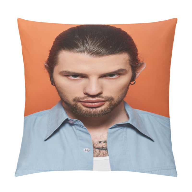 Personality  Stylish Caucasian Man With A Beard Wearing A Trendy Blue Shirt. Pillow Covers