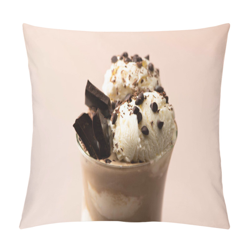 Personality  Glass Of Milkshake With Ice Cream, Pieces Of Chocolate And Candies On Beige  Pillow Covers