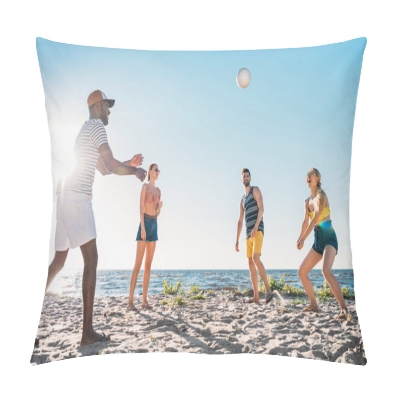 Personality  Happy Young Multiethnic Friends Playing Volleyball On Sandy Beach  Pillow Covers