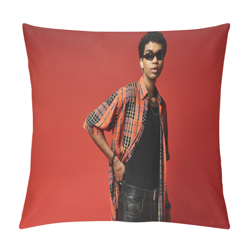 Personality  Handsome African American Man In Plaid Shirt And Leather Pants Poses On Vibrant Red Background. Pillow Covers