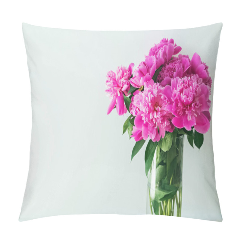 Personality  Pink Peonies In Glass Vase Near The White Wall With Copy Space Pillow Covers