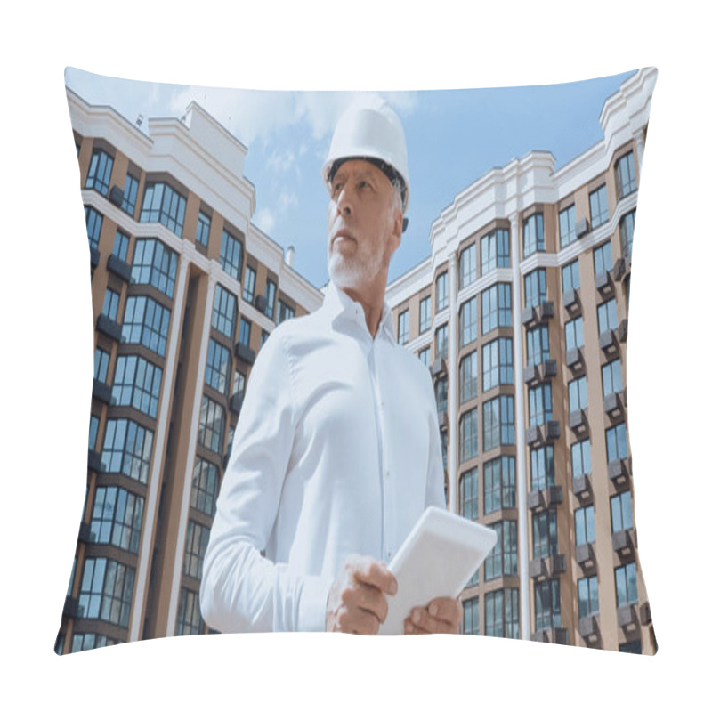 Personality  Low Angle View Of Mature Engineer Using Digital Tablet With Building On Urban Street At Background Pillow Covers