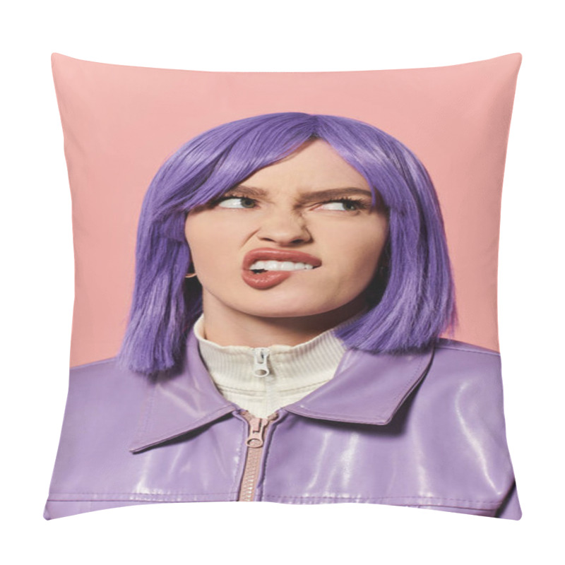 Personality  A Woman With Vibrant Purple Hair Playfully Poses In A Shiny Lavender Jacket. Pillow Covers