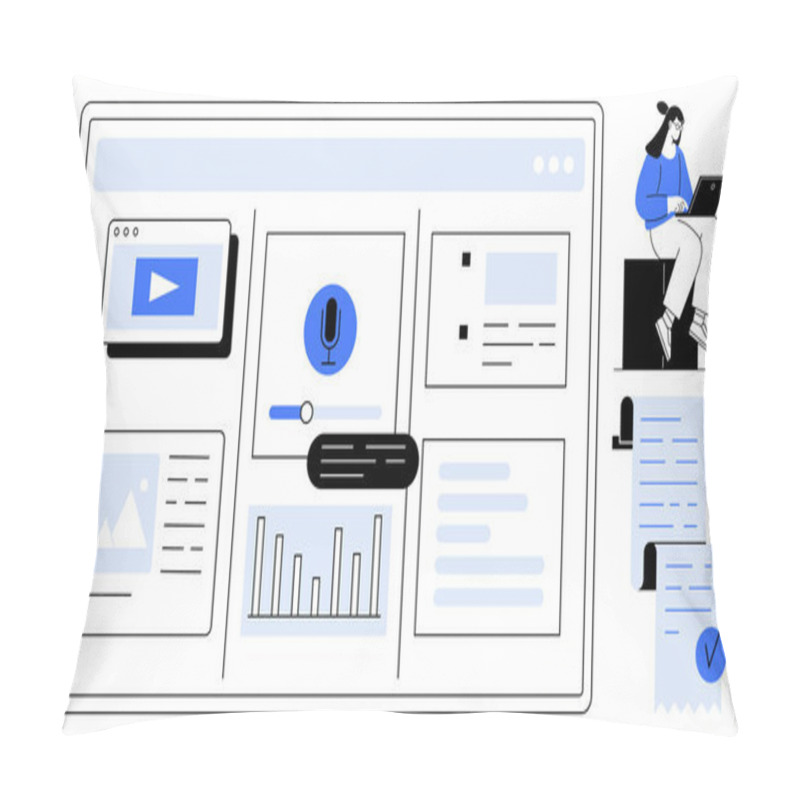 Personality  Interface Displaying Multimedia Elements, Graphs, And Text Icons With A Person Working On A Laptop. Ideal For Remote Work, Productivity Tools, Online Collaboration, Data Analysis, And Project Pillow Covers