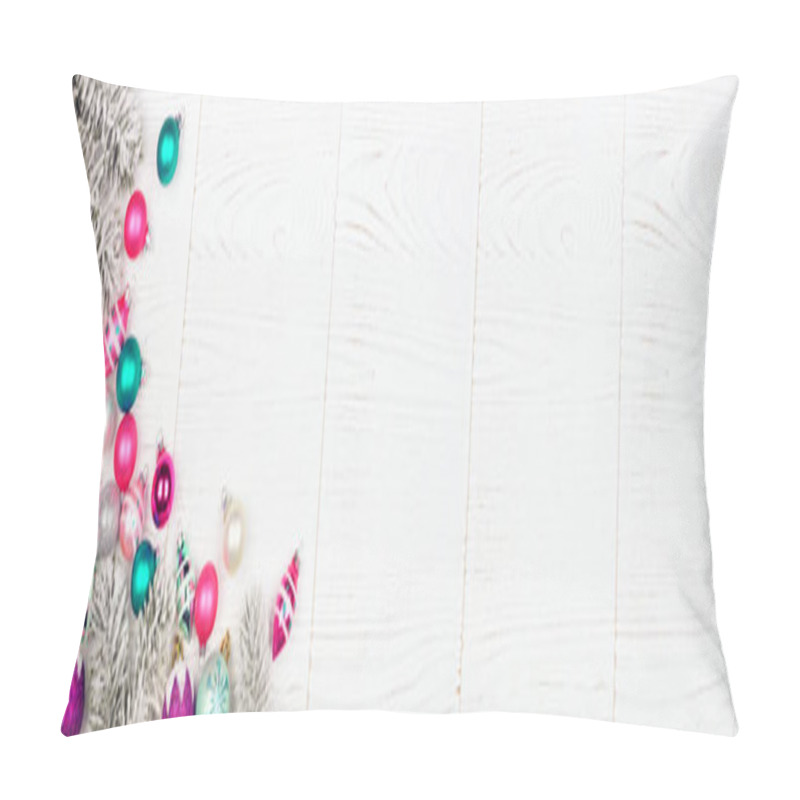 Personality  Christmas Corner Border Banner With Pink, Purple And Teal Baubles And Tree Branches. Above View On A White Wood Background. Pillow Covers