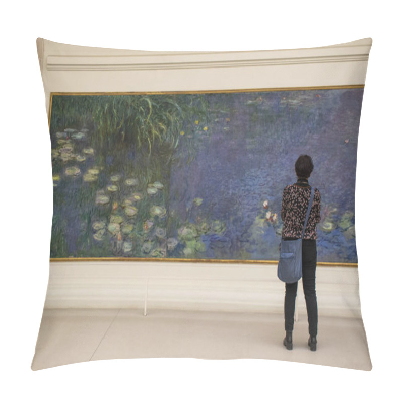 Personality  Paris, France, Europe: A Visitor In Front The Nymphas (Water Lilies), Famous Series Of Decorative Panels By Claude Monet At The Musee De L'Orangerie, Museum Of Impressionist And Post-impressionist Painting Pillow Covers