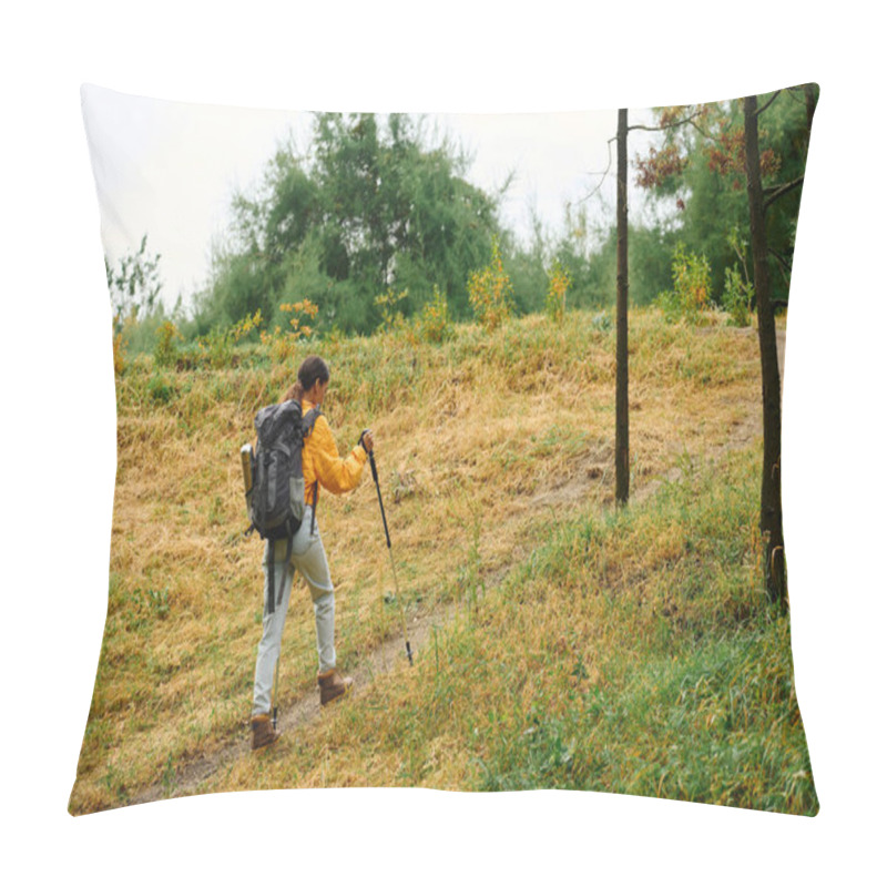 Personality  Enjoying The Crisp Autumn Air, A Young Woman Hikes Along A Forest Trail Adorned With Colorful Foliage. Pillow Covers