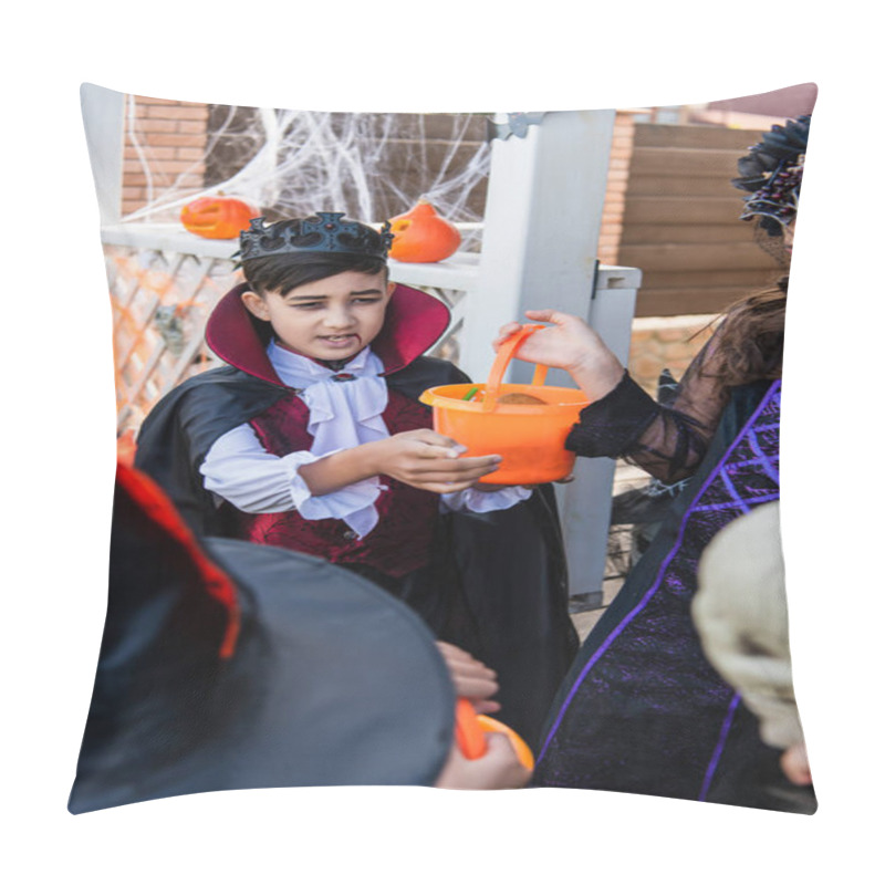 Personality  Asian Boy In Vampire Costume Holding Bucket Near Friends During Halloween Celebration Outdoors Pillow Covers