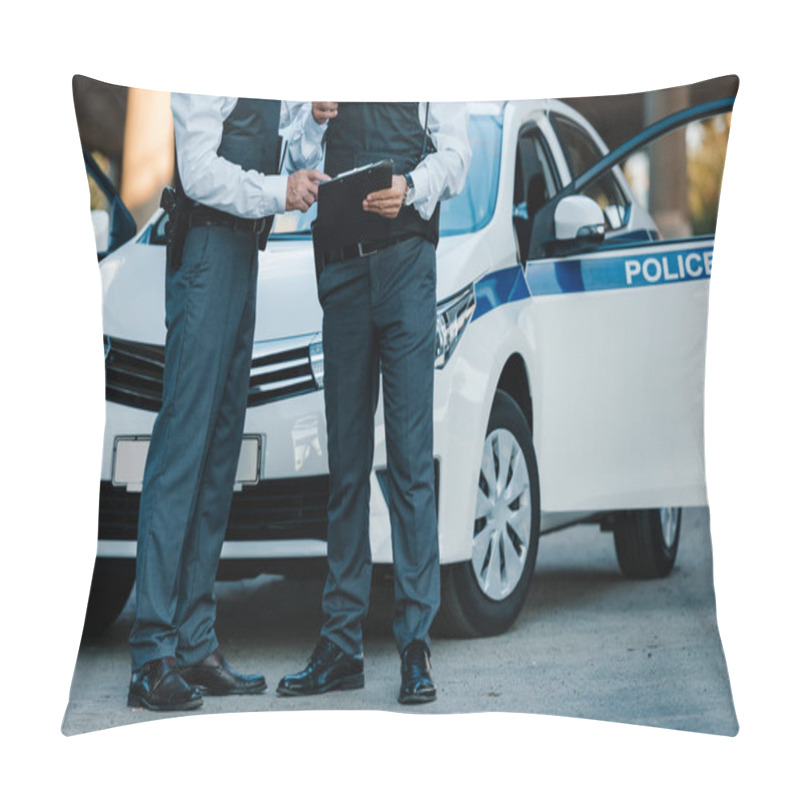 Personality  Partial View Of Male Police Officer With Clipboard And Pointing By Finger To Colleague Standing Near Car At Street Pillow Covers