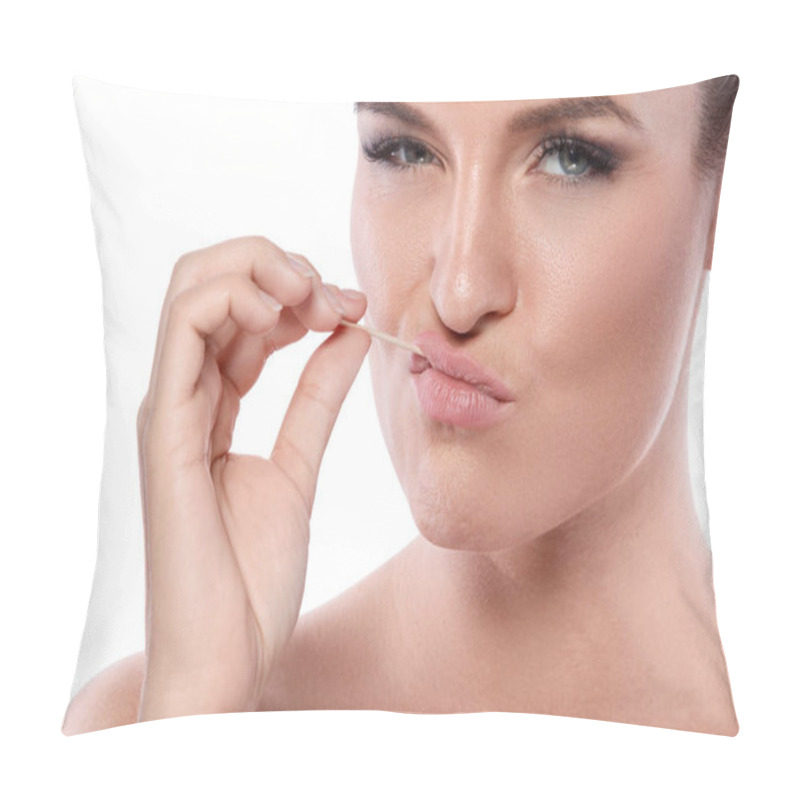 Personality  Serious Woman With Toothpick Pillow Covers