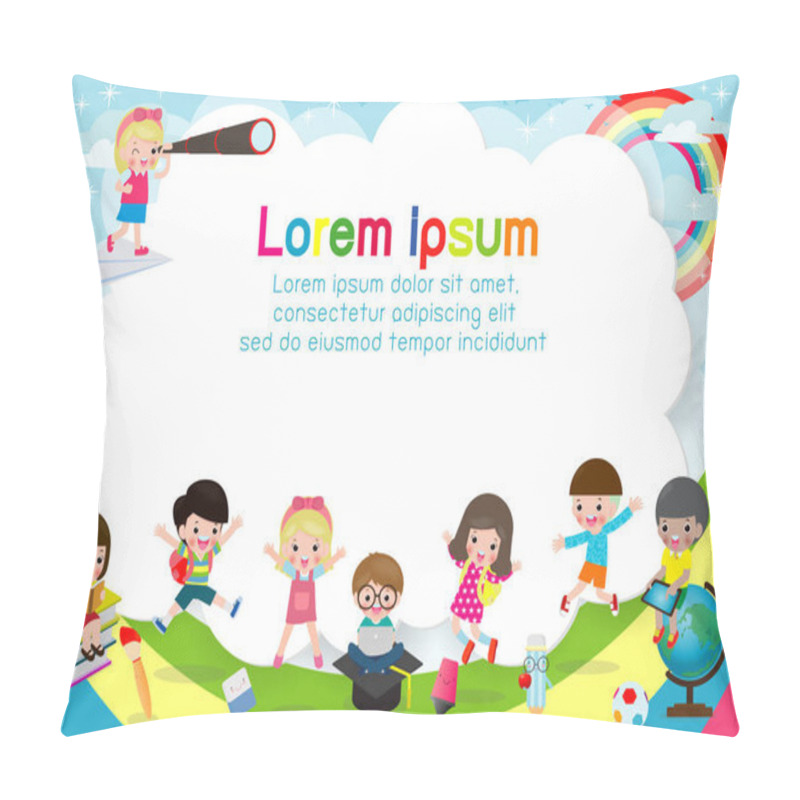 Personality  Happy Children, Back To School,Template For Advertising Brochure. Ready For Your Message, Funny Cartoon Kid Character. Vector Illustration Pillow Covers