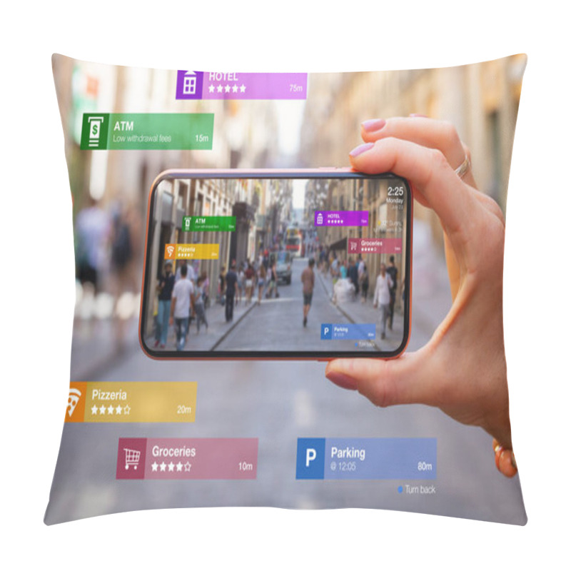 Personality  Concept Of Augmented Reality Technology Being Used In Mobile Phone For Navigation And Location Based Services Pillow Covers