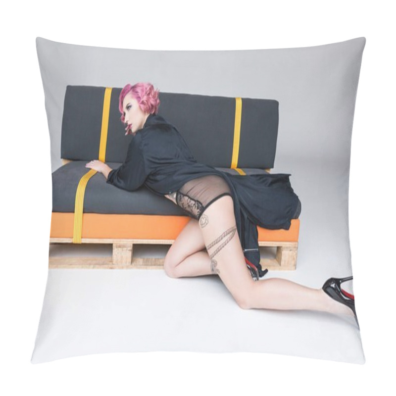 Personality  Beautiful Tattoed Pin Up Girl In Transparent Lingerie Posing On Couch Pillow Covers