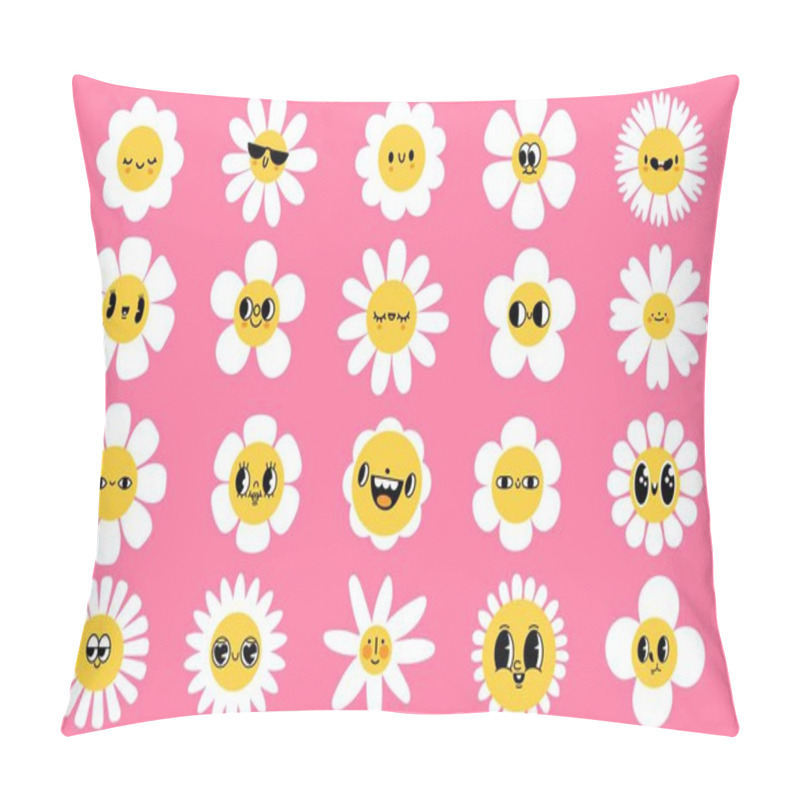 Personality  Cartoon Flowers Faces. Smiled Character With Petals, Spring Mascot Face With Eyes And Smile. Retro Groovy Facial Expressions Vector Set. Floral Elements, Happy Plants Of Different Shape Pillow Covers