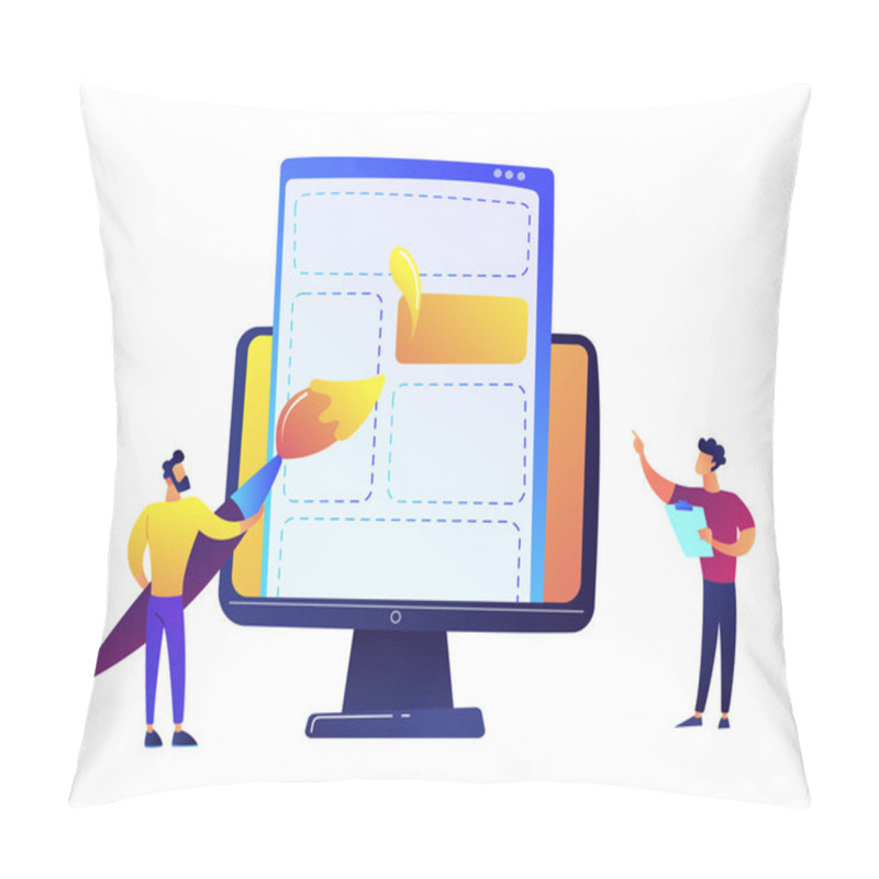 Personality  Programmers Drawing Web Page Elements With Brush On LCD Screen Vector Illustration. Pillow Covers