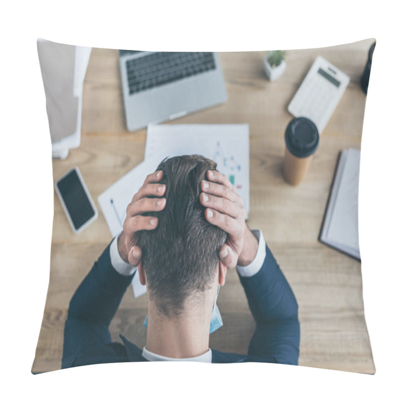 Personality  Top View Of Depressed Businessman Covering Head With Hands While Sitting At Workplace Near Gadgets And Documents Pillow Covers