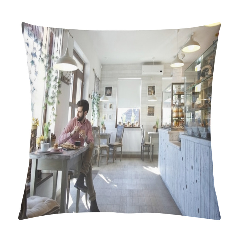 Personality  Young Man Sitting In Coffee Shop. Pillow Covers