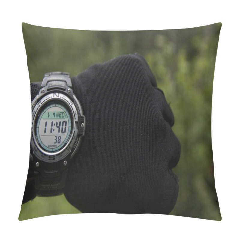 Personality  A Gloved Hand With A Watch And A Knife. Knife In Hand. Gloved Hand. Pillow Covers