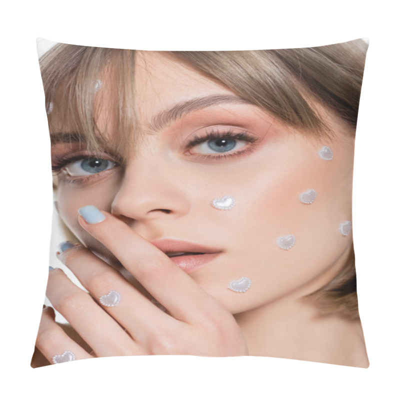 Personality  Close Up Of Young Woman With Creative Heart Shape Elements In Makeup Isolated On White  Pillow Covers