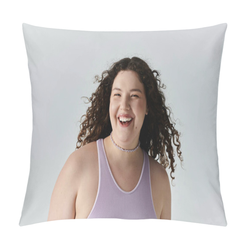 Personality  A Joyful Plus Size Woman With Curly Hair Shines In A Stylish, Serene Setting. Pillow Covers